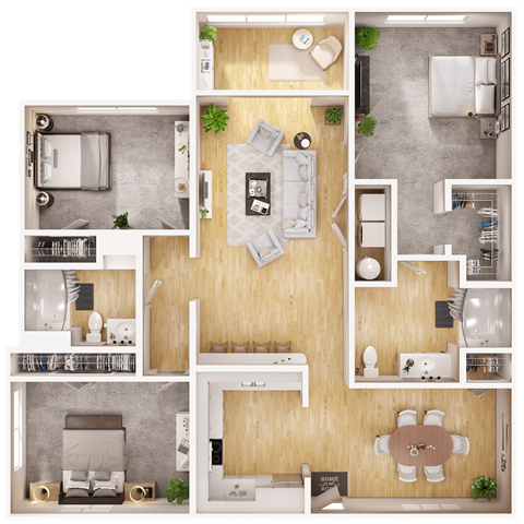 Floor plan for 3 beds, 2 baths, 1317 sqft